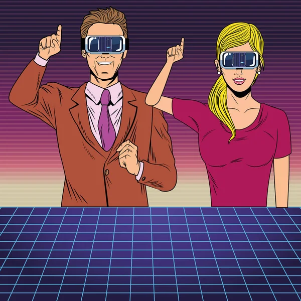 Pareja con auriculares de realidad virtual — Vector de stock