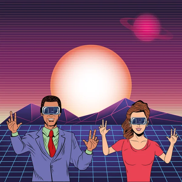 Pareja con auriculares de realidad virtual — Vector de stock