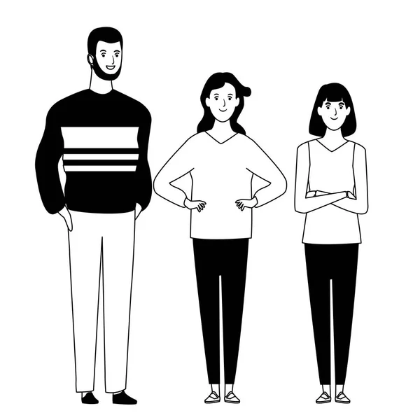 Gruppo di persone avatar personaggio dei cartoni animati in bianco e nero — Vettoriale Stock