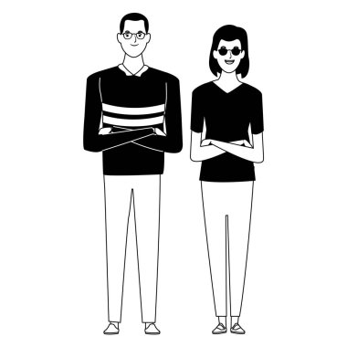 siyah beyaz vektör illüstrasyon çift avatar çizgi film karakteri