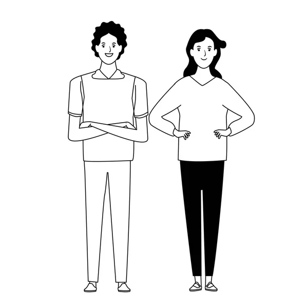 Ζευγάρι καρτούν avatar χαρακτήρα σε ασπρόμαυρη απεικόνιση διάνυσμα — Διανυσματικό Αρχείο