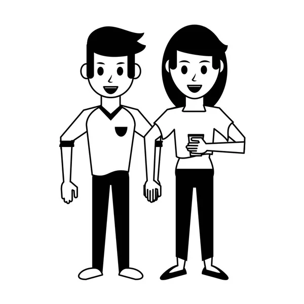 Couple boire du café dessin animé en noir et blanc — Image vectorielle
