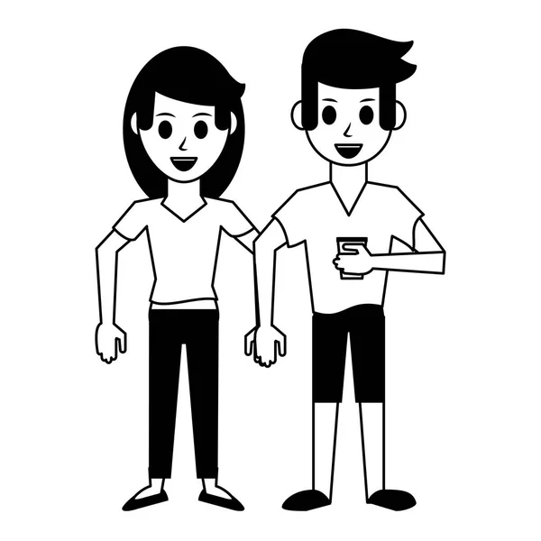 Couple drinking coffee cartoon in black and white — Stock Vector