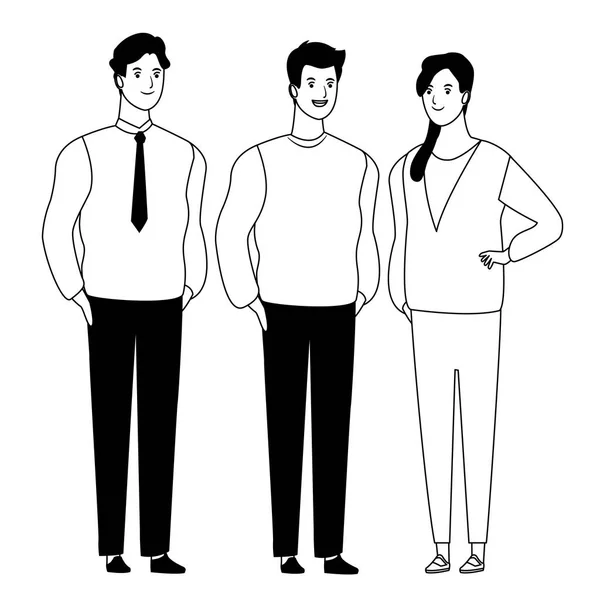 Groupe de personnes avatar personnage de dessin animé en noir et blanc — Image vectorielle