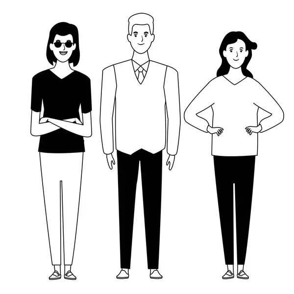 Grupa ludzi avatar postaci kreskówki w czerni i bieli — Wektor stockowy