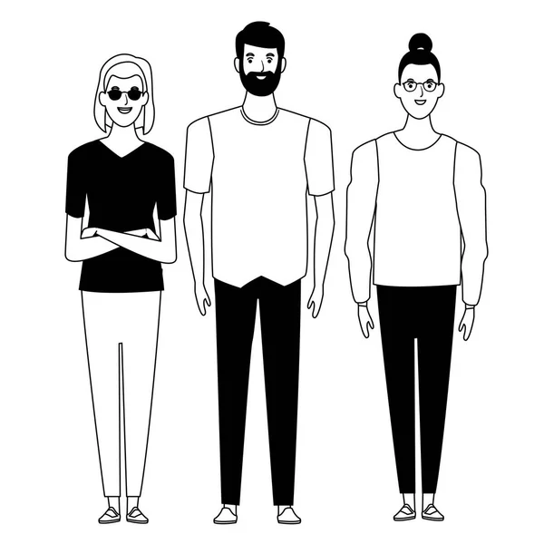 Grupo de personas personaje de dibujos animados avatar en blanco y negro — Vector de stock