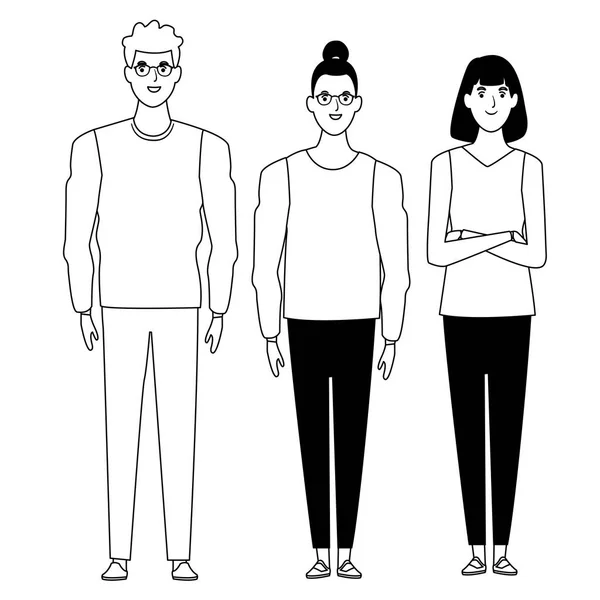 Skupina osob avatar kreslená postava v černém a bílém — Stockový vektor