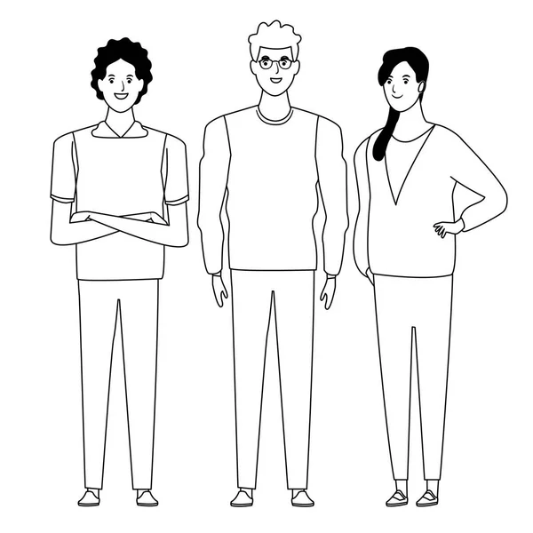 Grupo de personas personaje de dibujos animados avatar en blanco y negro — Archivo Imágenes Vectoriales