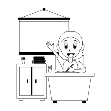 Siyah beyaz sınıf karikatür öğrenci kız