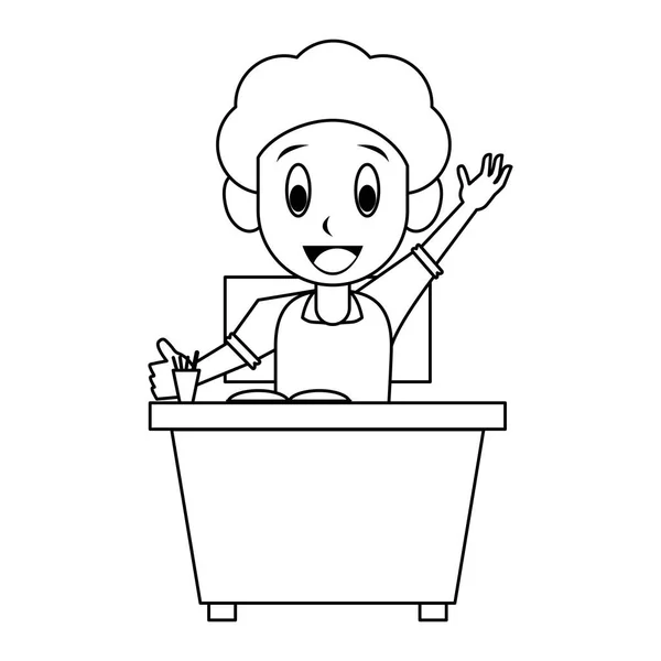 Kid seated in school desk in black and white — Stock Vector