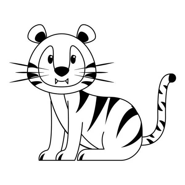 Тигр дикої природи мила тварина мультфільм в чорно-білому — стоковий вектор