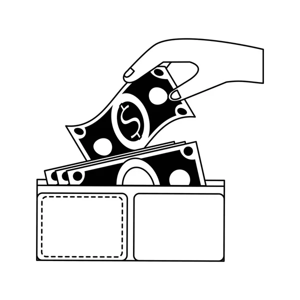 Saisir à la main l'argent du portefeuille en noir et blanc — Image vectorielle