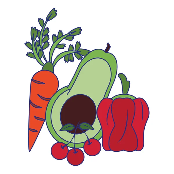 Verduras alimentos saludables dibujos animados líneas azules aisladas — Vector de stock