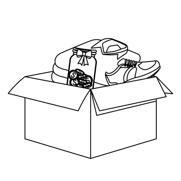 Caja de cartón con diferentes cosas dentro de blanco y negro — Vector de stock