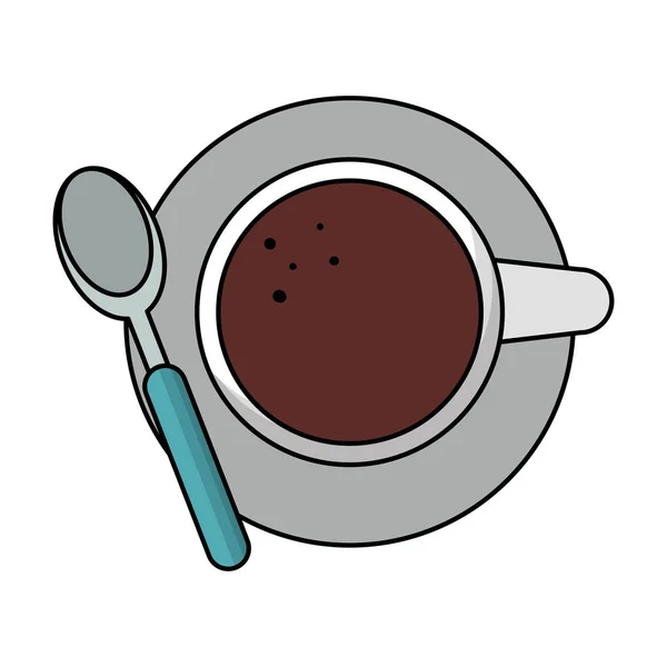 Koffie kopje met lepel op schijf TopView cartoon — Stockvector