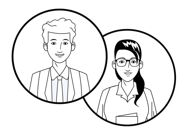 Pasangan bisnis avatar profil gambar dalam ikon bundar hitam dan putih - Stok Vektor