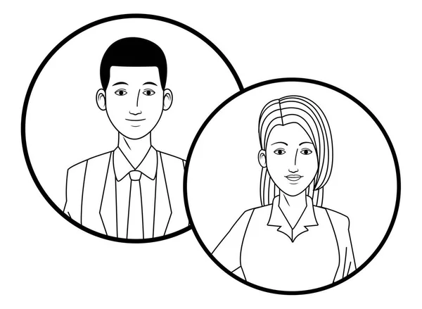 Geschäftspaar Avatar Profilbild in runden Symbolen schwarz-weiß — Stockvektor