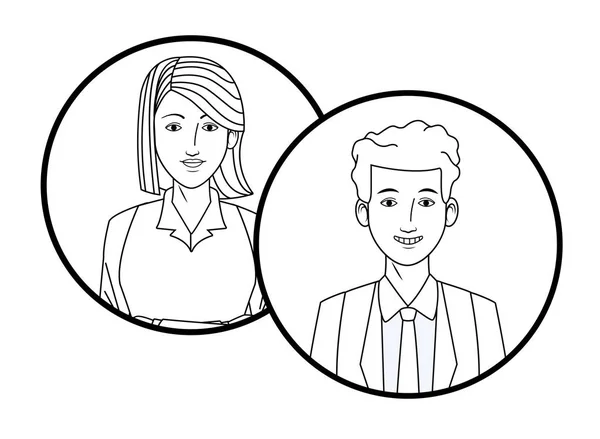 Imagen de perfil de avatar de pareja de negocios en iconos redondos blanco y negro — Vector de stock