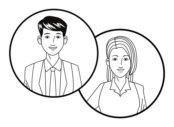 Business couple avatar profielfoto in ronde pictogrammen zwart-wit — Stockvector