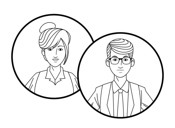 Imagen de perfil de avatar de pareja de negocios en iconos redondos blanco y negro — Vector de stock