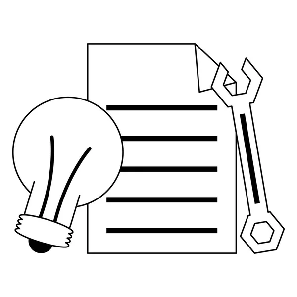 Document-en lamp licht en moersleutel symbolen in zwart-wit — Stockvector