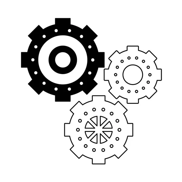Engranajes piezas de maquinaria símbolo de trabajo en blanco y negro — Vector de stock
