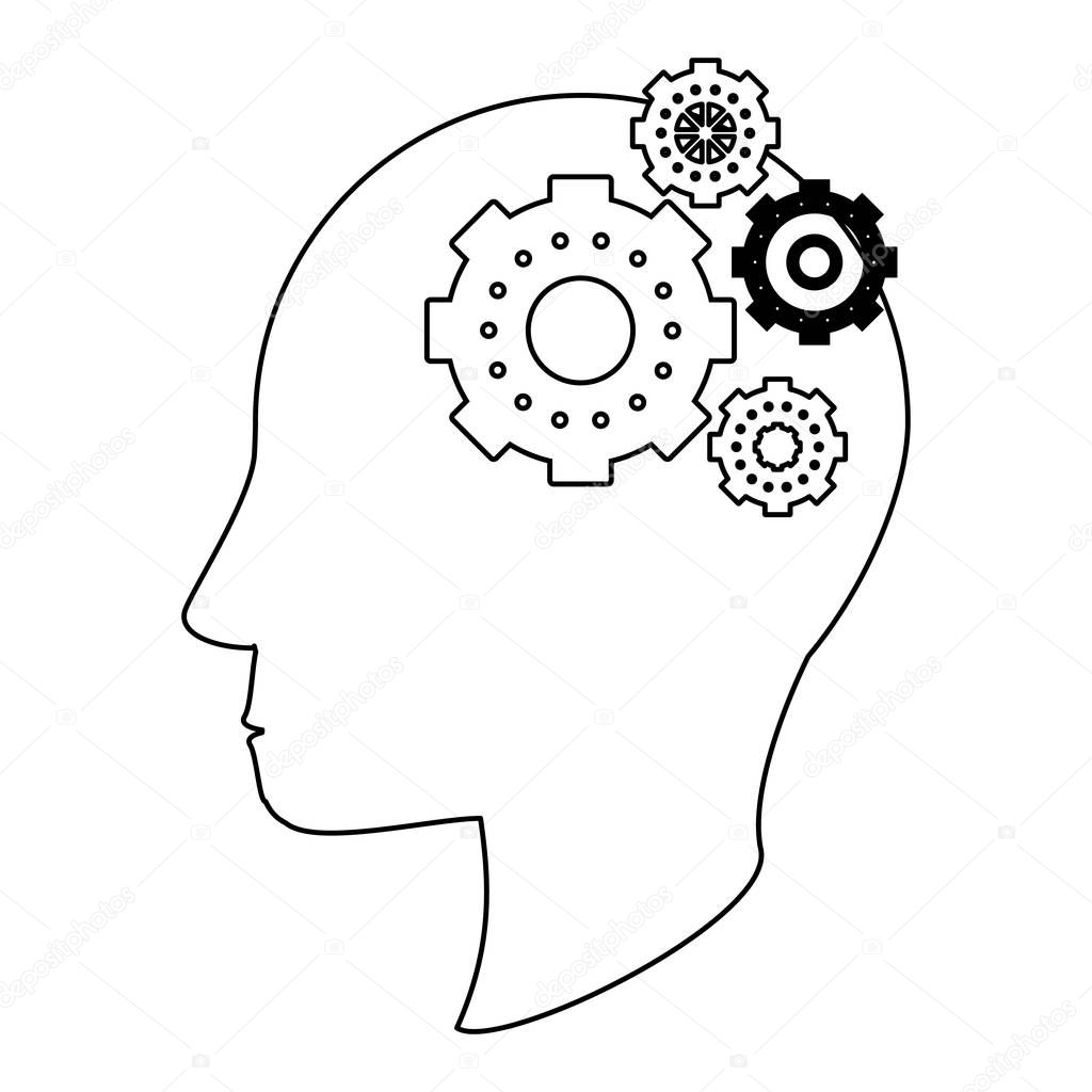 Human head silhouette with gears symbol in black and white