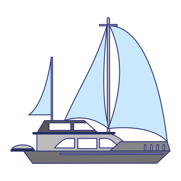 Voilier bateau vue de côté dessin animé isolé lignes bleues — Image vectorielle