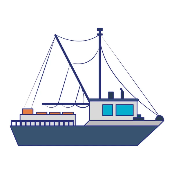 Bateau de poisson bateau vue de côté isolé bande dessinée lignes bleues — Image vectorielle