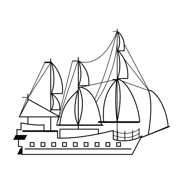 Pirate ship boat side view isolated cartoon in black and white — Stock Vector