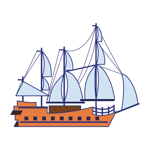 Bateau pirate bateau vue de côté isolé bande dessinée lignes bleues — Image vectorielle