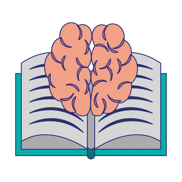 Boek open met menselijk brein symbool geïsoleerde blauwe lijnen — Stockvector