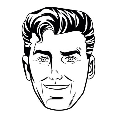 Pop art yakışıklı adam siyah ve beyaz izole gülümseyen