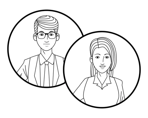 Business couple avatar profielfoto in ronde pictogrammen zwart-wit — Stockvector