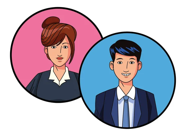 Imagen de perfil avatar pareja de negocios en iconos redondos — Vector de stock