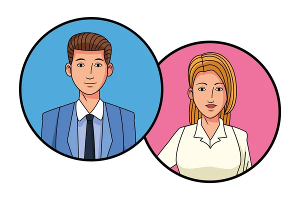 Business couple avatar profielfoto in ronde iconen — Stockvector