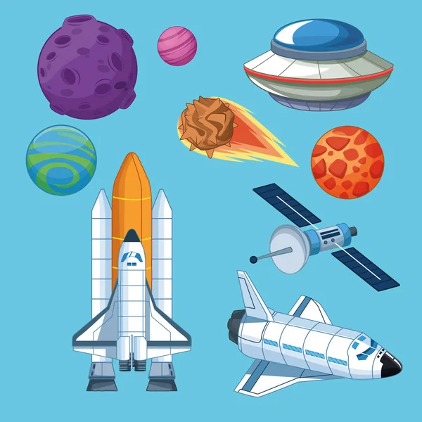 Naves espaciais planetas e ícones de satélite — Vetor de Stock
