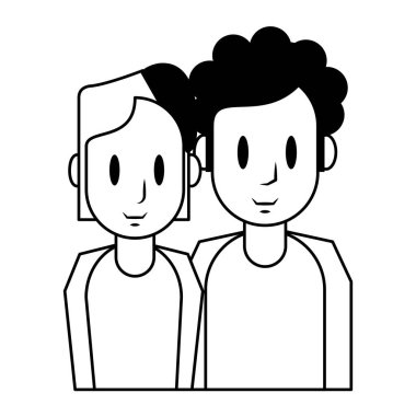 Genç çift karikatür profili siyah beyaz izole edilmiş.