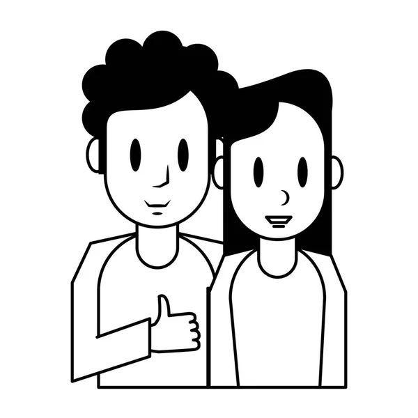 Profil de dessin animé jeune couple isolé en noir et blanc — Image vectorielle