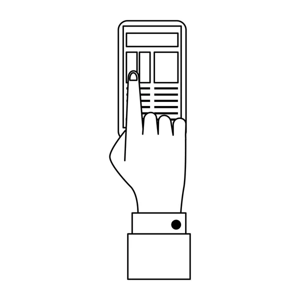 Empresario mano tocando el símbolo del teléfono inteligente en blanco y negro — Vector de stock