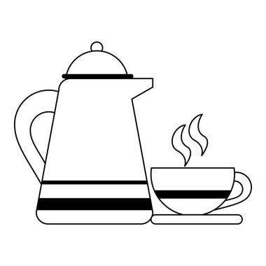 Kahve su ısıtıcısı ve çanak siyah ve beyaz kupa