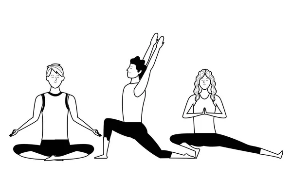 Personas yoga poses blanco y negro — Vector de stock