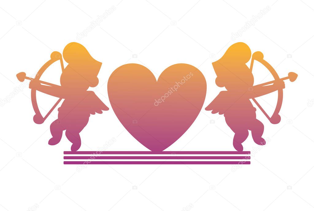 Cupids and hearts silhouettes rainbow lines