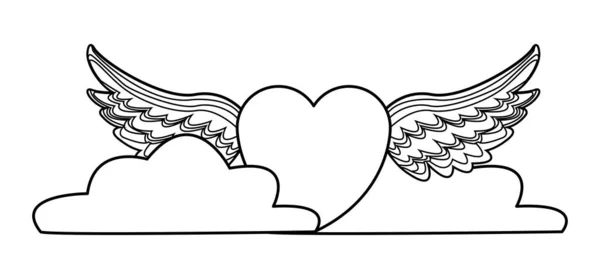 Сердце с крыльями и облаками в черно-белом — стоковый вектор
