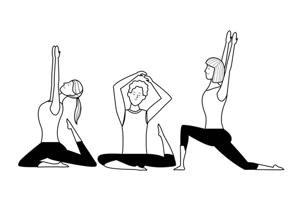 Pessoas ioga poses preto e branco —  Vetores de Stock