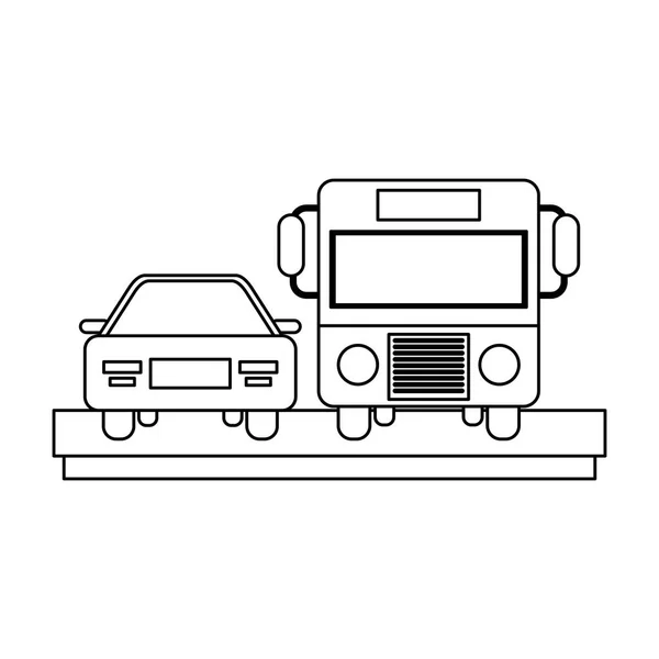Vue de face de la voiture et du bus public en noir et blanc — Image vectorielle