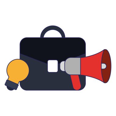 Bullhorn ve ampul ampul ampul mavi hatları ile İş evrak çantası