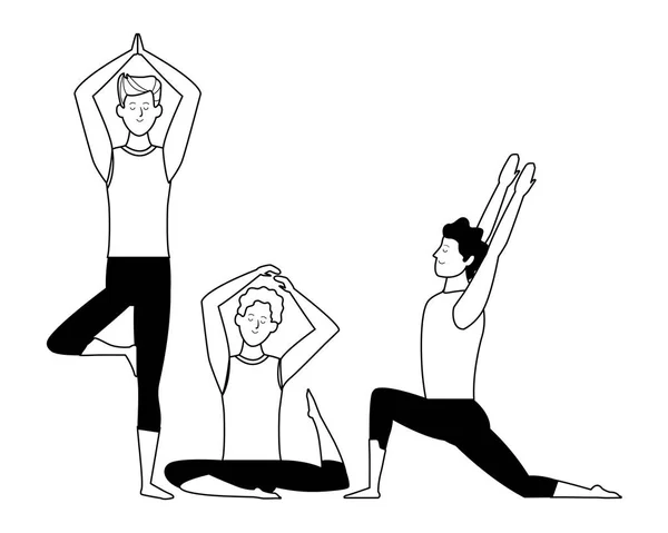Homens ioga poses preto e branco —  Vetores de Stock
