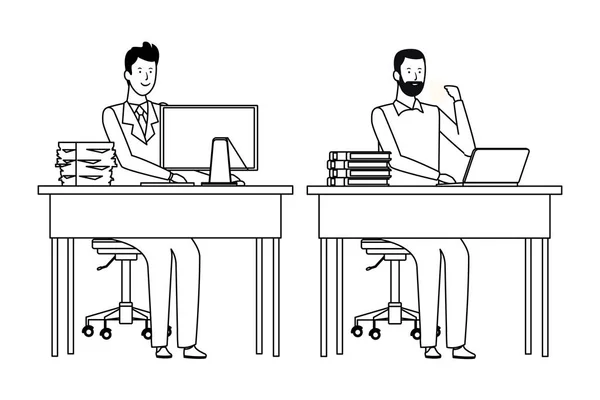 Men in a office desk black and white — Stock Vector