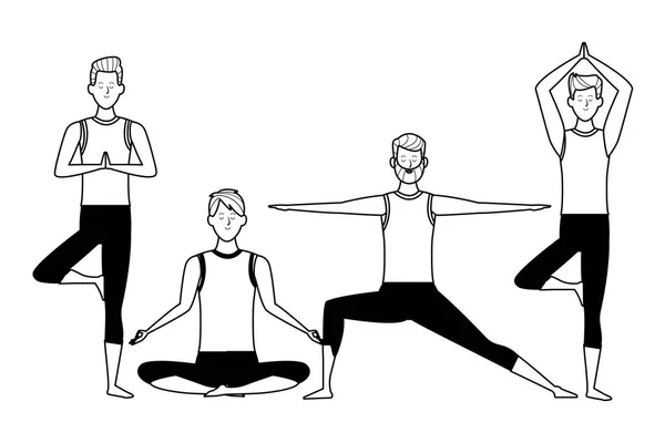 Hombres yoga poses blanco y negro — Vector de stock